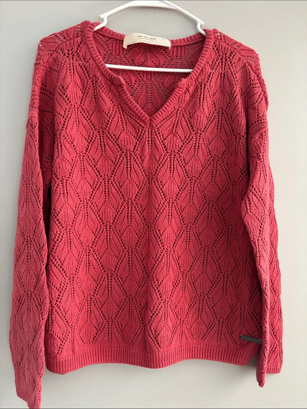 Peace Love World Rose Coral Openwork V-Neck Sweater